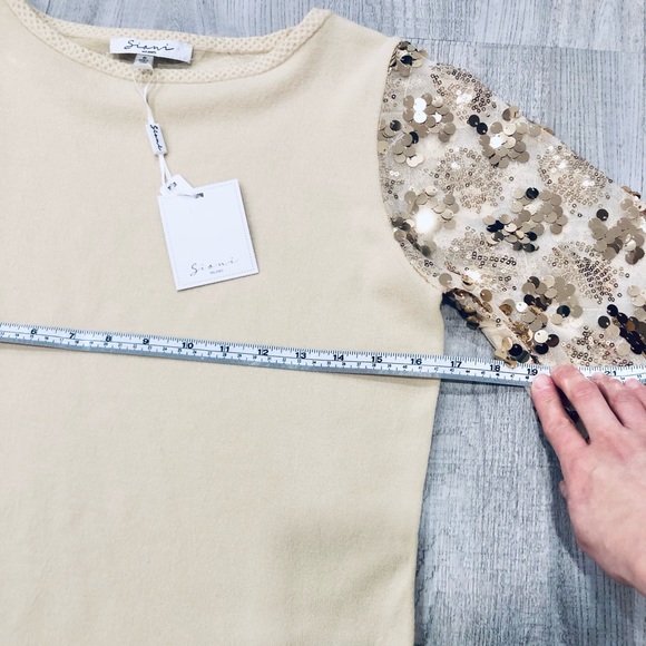 NWT Sioni Cream Gold Sequin Crew Neck Glitter Sweater Mesh Sleeve Size Small - Picture 4 of 8